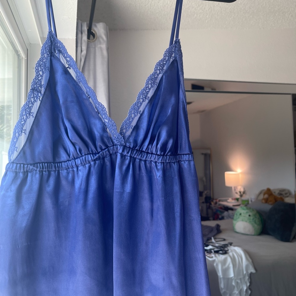 Blue slip dress with lace trim